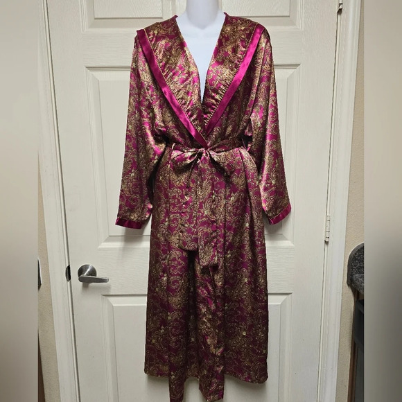 VINTAGE KATHRYN Robe Belted Pockets Floral Satin - Picture 1 of 17